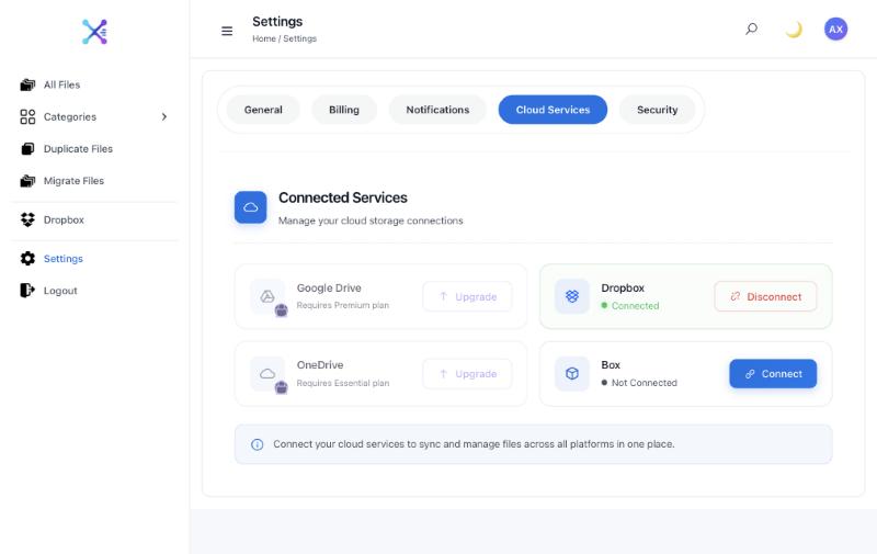 Axclaim Settings on the Cloud Services tab, with Dropbox connected, Box ready to connect, and OneDrive and Google Drive marked as needing the Essential and Premium plans