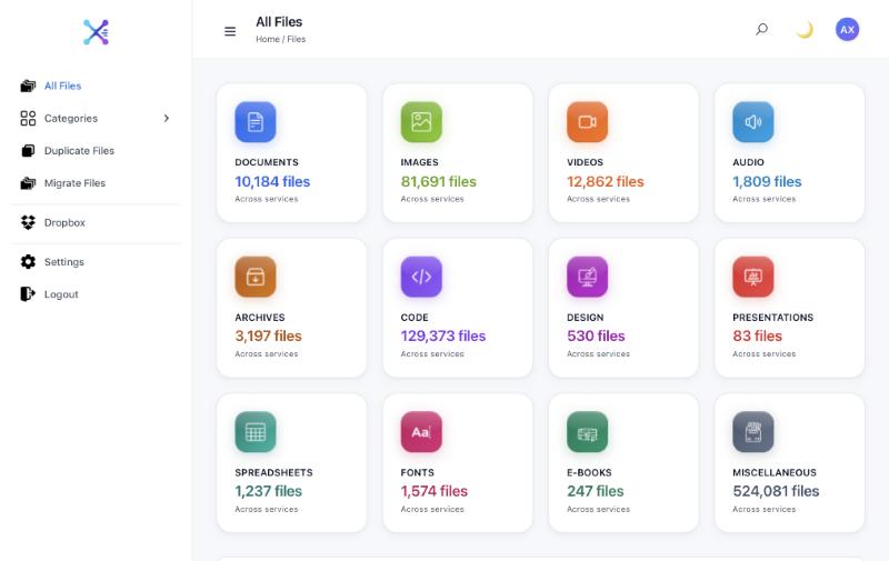 Axclaim All Files dashboard with file counts by category, such as documents, images, videos and audio, each counted across all connected services