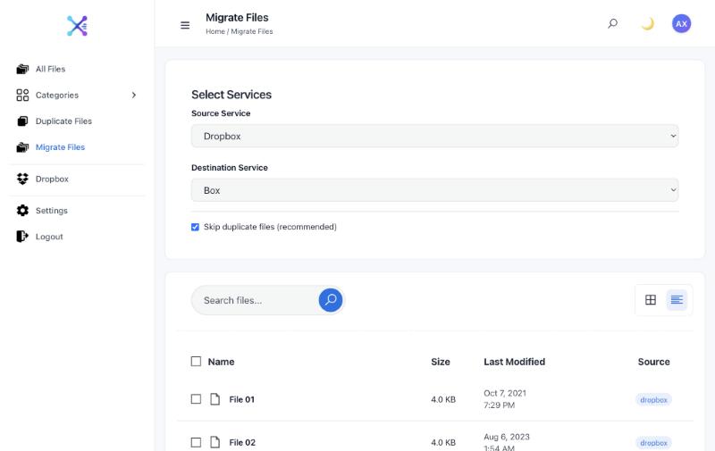 Axclaim Migrate Files screen with a source service, a destination service, the Skip duplicate files option ticked and a list of files to select